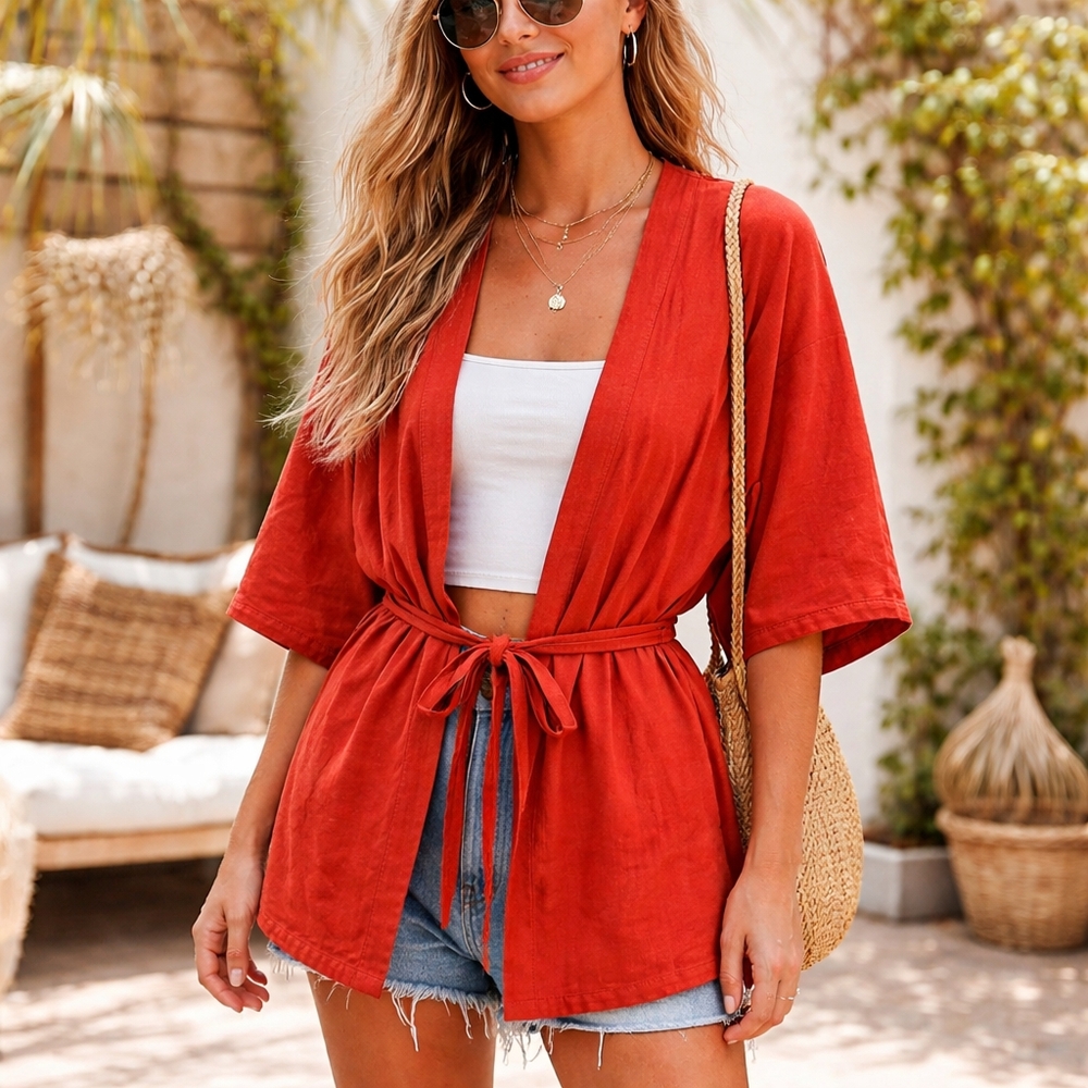 Modern Movement Rust Orange Kimono Cardigan Lightweight Open Front Tie Waist
